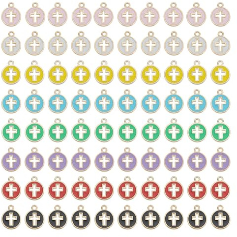 GOMAKERER 80 dijes redondos esmaltados de crucifijo, colgantes de crucifijo de aleación, colgantes de cruz hueca para hacer joyas, pulseras, collares, Acero aleado