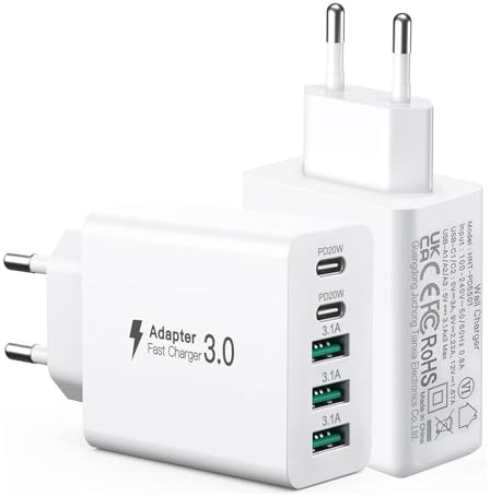 2er Pack USB C Ladegerät 50W, 5 Ports Mehrfach USB Stecker mit【2 USBC+3 USBA】, 50W Netzteil Wand-Ladegerät, Fast Charge PD 3.0 Power Adapter Kompatibel mit iPhone 12/13/14/15/Galaxy S25/Handys/Tablets