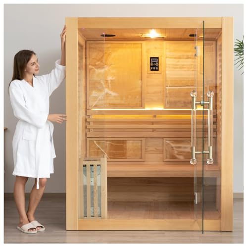 amocane Sala de sauna de vapor Hemlock para interiores, sauna de madera para 2 a 3 personas con calentador Harvia de bajo EMF de 3.5 KW, kit de accesorios de sauna de lujo con respaldo de sauna, cubo