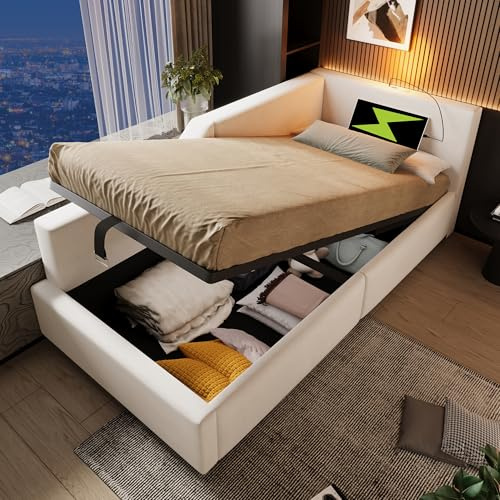 Oslghy Polsterbett Einzelbett Kinderbett 90x200 cm, Schlafsofa Daybett mit hydraulisch Stauraum, Leselampe und USB-C-Ports, Jugendbett Bettgestell Tagesbett mit Lattenrost, Samt, Beige Ohne Matratze