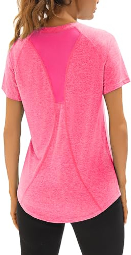 Wayleb UV Sportshirt Damen Kurzarm V-Ausschnitt Sommer T-Shirts Mesh Rücken | Leicht, Atmungsaktiv, Schnelltrocknend, Mesh-Rückseite, Lockere Passform, Sommer, Laufen, Fitness, Yoga, Gym und Training