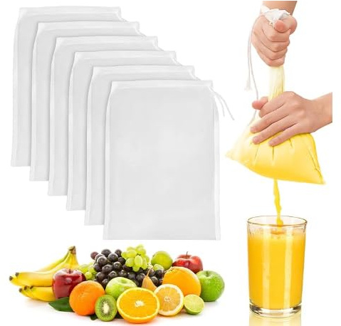 Lot de 6 sacs à lait de noix réutilisables - 20 × 30 cm - Avec cordon de serrage - En nylon - Bio - Lavable - Pour lait de noix, fromage, café, yaourt, jus de fruits