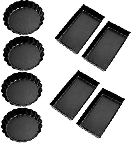 Juego de 8 sartenes antiadherentes para quiche con forma redonda y rectangular con parte inferior extraíble para tartas de frutas, pasteles, galletas, hornear, latas acanaladas para uso doméstico y