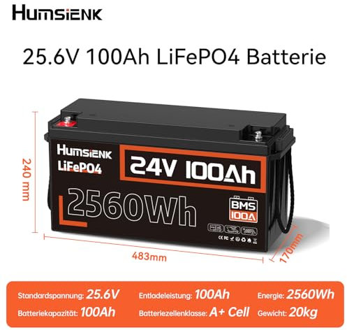 Humsienk 24V 100Ah LiFePO4 Lithium Batterie mit 100A BMS-Schutz, Max. 2560W Leistung, 15000 Zyklen, 10 Jahre Lebensdauer, Idealer Ersatz AGM Batterie, Perfekt für Wohnmobil, Caravan