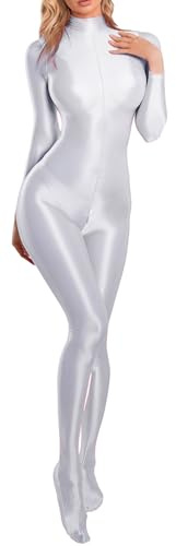Maeau Bodystocking da donna, lucido effetto olio, yoga, tuta intera, body sportivo, cerniera lampo, collo alto, taglia M, XL, bianco, M