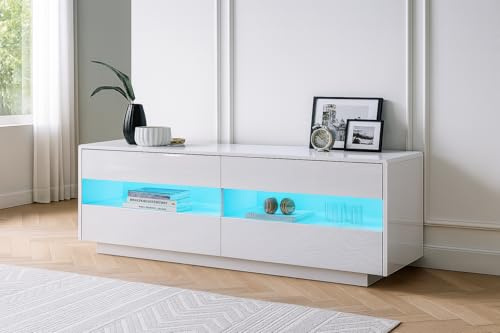 Genforiek TV Stand Cabinet, High Gloss TV Unit with LED Lights 120CM, White Media Unit, LED TV Cabinet for Living Room, 4 Drawers and 2 Open Shelves, Home Furniture