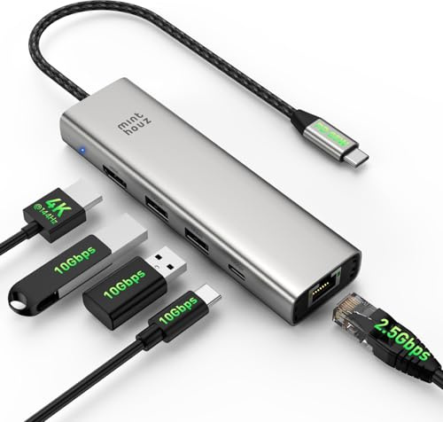 Minthouz USB-C-Hub für Dell, HP Lenovo, 6-in-1-Multiport-Adapter, USB-C-zu-HDMI mit 4K@144Hz,100W PD,2,5G-Ethernet,2*USB-A- und USB-C-10G-Port-USB-Hub für Windows 7/8/10/11,Mac OS 10.8 oder höher
