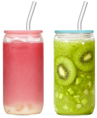 Bayseun Glass Tumbler with Sealed Acrylic Lids, 2 Pack 500ml Leak-Proof Reusable Cup with Straw for Iced Coffee & Smoothies, Dishwasher Safe, Modern Drinking Glass for Home, Office, Travel