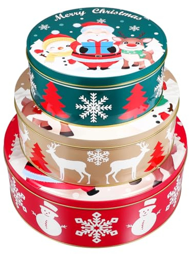 YARNOW 3pcs Christmas Cookie Tins, Round Metal Containers with Lids, Christmas Tinplate Cookie Containers for Storing Candies Biscuits Treat And Gifts