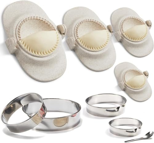 Empanada Press Set, 4 Sizes, Dumpling Maker, Meat Pie Dough Cutters | Dumpling press and empanada maker with 4 cutters, filling spoon and recipe book for pierogi, ravioli and pastries.