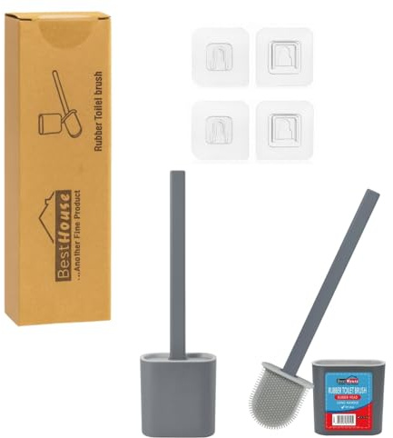 BH | Silicone Toilet Brush and Holder Set | 2-Pack | Grey | Deep Cleaning | Long Handle | Durable and Flexible TPR Bristles | Wall Mounted Toilet Bowl Brush for Bathroom Cleaning - by BEST HOUSE
