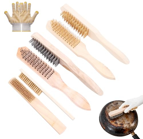 BZUEPRS Brosse métallique 6 pièces, 4 brosses en laiton avec manche en bois (205 mm/270 mm), 2 brosses en acier robuste (270 mm), brosse en métal avec gant pour nettoyer, rouille, saleté, bois