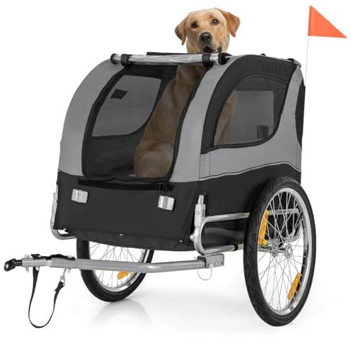 GYMAX Fahrradanhänger, Hundebuggy mit Sicherheitsfahne & 3 Eingängen, klappbarer Hundewagen bis 40kg belastbar, Haustierwagen mit Universalräder, Transportwagen für Hunde (Grau)