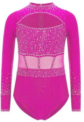 JEATHA Leotardo De Gimnasia Rítmica Para Niñas Maillot Brillante De Manga Larga Leotardo De Danza Patinaje Jumpsuit Elástico Ropa De Baile Rosa caliente 5-6 años