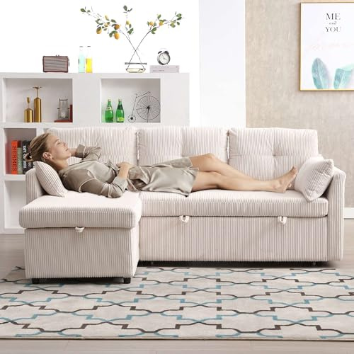 TUPOSTAR 3-Sitzer-Sofa, Multifunktionales Schlafsofa, Eckschlafsofa Mit Stauraum, Ausziehbares Schlafsofa, Schlafsofa Mit Chaiselongue, FüRs Wohnzimmer,Beige