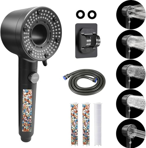 Soffione Doccia Anticalcare Include 4 Filtri in Cotone PP Soffione Doccia Alta Pressione 5 Tipi di Getto, Telefono Doccia con Tubo da 2M Facile da Installare