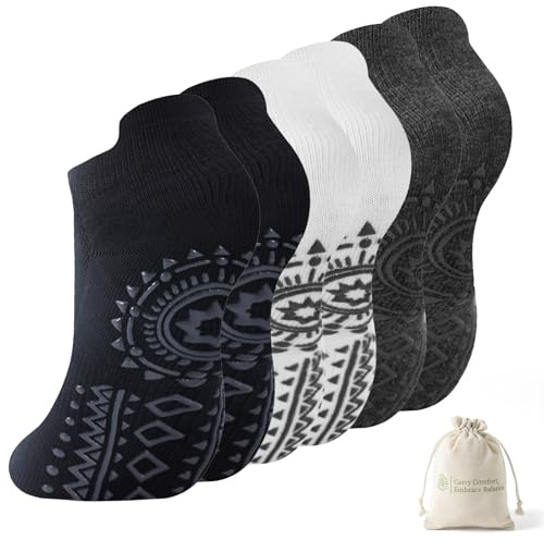 BONANGEL Kvinnor halkfria strumpor för pilates greppstrumpor för yogastänger sport, dans, gymnastik, 3 par-svart + vit + mörkgrå, 36-40 EU