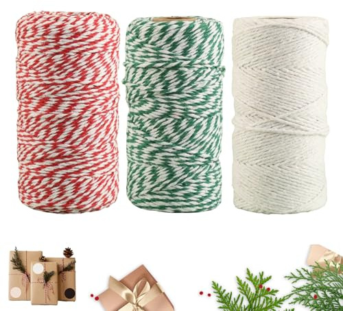 3 Pcs Butchers Twine, 1.5 mm x 100 m Twine String for Crafts, Red & White, Green & White and White Strings for Gardening Decoration Tying Crafts and Gift Wrapping