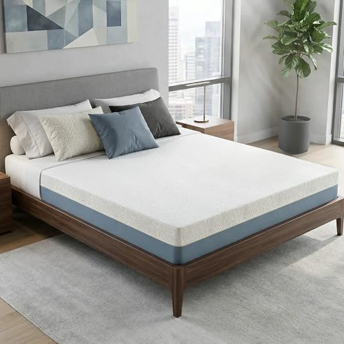 PlushNest 10 Inch King Mattress Copper-Infused Memory Foam Mattress with Double-Perforated 7-Zone Support Airflow and Heat Dissipation Adjustable Bed-Friendly 80''L x 76''W Blue White Cover