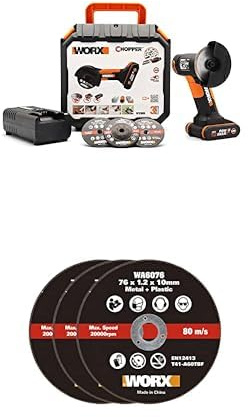 PACK WORX Mini meuleuse d'angle sans fil 20V WX801 + 3 disques supplémentaires, pour carrelage, métal, plastique, disque 76 mm, 19 500 tr/min, livrée avec 6 disques, batterie 2Ah et chargeur rapide