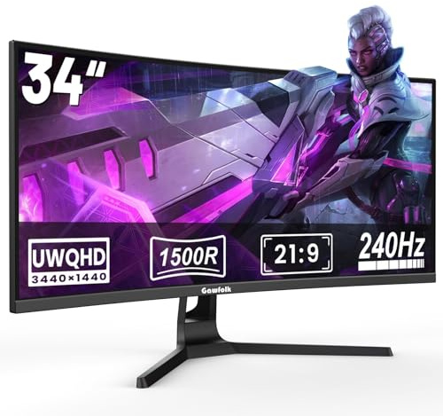Gawfolk Gaming Curved Monitor 34 Zoll 240Hz, 1500R Ultrawide PC Bildschirm UWQHD 3440x1440P, Adaptive Sync, Gebogenes Computerbildschirm, Displayport, HDMI