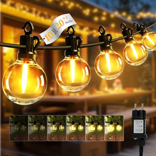 EFFILUMLUX Lichterkette Außen Strom 10m, G40 LED Lichterkette Outdoor mit 20+2 E12 Glühbirnen, 4 Modi & Stufenlos Dimmbar, Timer, Wetterfest für Garten Balkon Terrasse Pavillon Beleuchtung (32FT/10M)