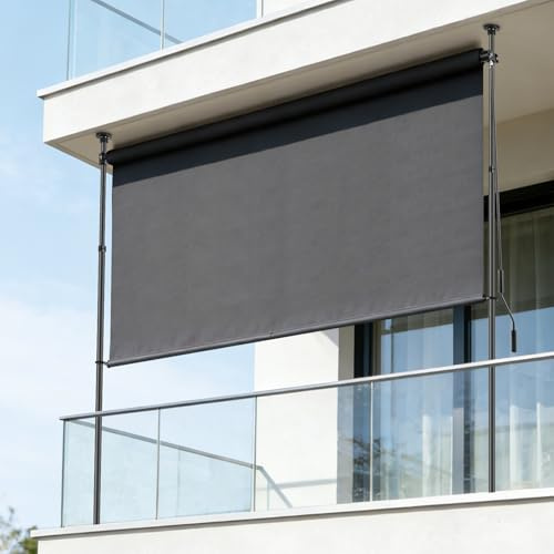 Senkrechtmarkise Außen, Vertikalmarkise ohne Bohren, Balkonrollo mit Handkurbel, Sichtschutz Sonnenschutz Windschutz, Balkon & Garten,Blickdicht & Wasserfest Anthrazit (200(W) x220-310(H) cm)