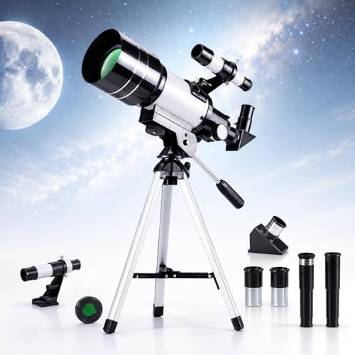 Télescope réfracteur astronomique 150X Zoom F30070 avec trépied – Télescope d'entrée de gamme pour l'observation de la lune, de la planète et de la nature avec viseur, filtre lunaire et accessoires