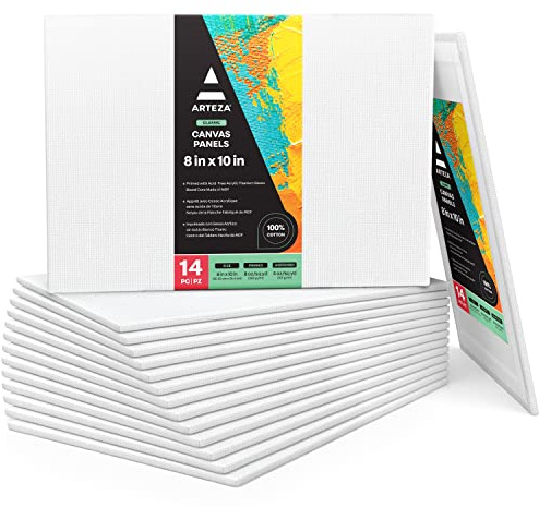 ARTEZA Canvas Panels, 8 x 10 in, Pack of 14, 100% Cotton Pre-Primed Canvas Boards for Acrylic, Oil, Gouache, Tempera, Pouring Paint, Crafts, and Mixed Media