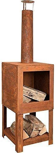 linoows Terrassen-Ofen, Garten-Kamin mit Holzlager Rost und Schornstein aus Eisen