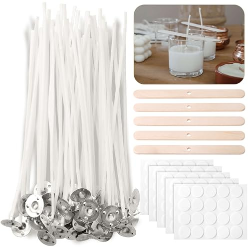 CZ Store®- Kerzendochte | 100STK | 15 cm | Holzdochthalter X5 + Kerzendochtaufklebern X100| Natürliche Bio Baumwolle, vorgewachst mit Soja-Wachs - Langlebig, geruchlos, sauber