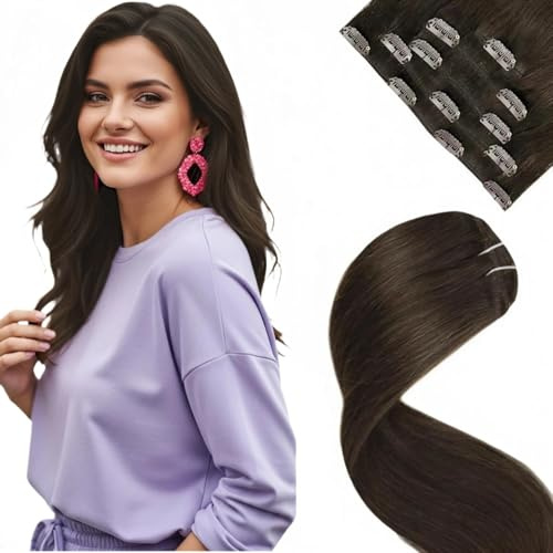 LaaVoo Haarverlängerung zum Anstecken, Echthaar, dunkelbraun, #2, 5 Stück/80 g, 45 cm, Clip-In-Extensions, Echthaar, dunkelbraun, Clip in Human Hair Extensions mit doppelter Tresse