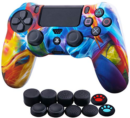 YoRHa Water Transfer Printing Camouflage Silicone Cover Skin Case for PS4/Slim/Pro Controller x 1(Colourful Stream) with Thumb Grips x 10