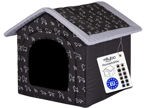 millybo Hundehöhle Hundebett Hundehaus Hundehütte R1-R6 (R4 (60 x 55 cm), schwarz mit Muster (Hündchen))
