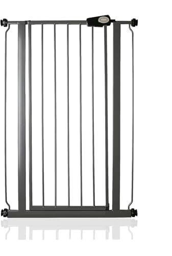 Safetots Extrahohes schmaler Metall-Sicherheitsgitter, Druckmontage, 68.5cm - 75cm, Schiefergrau, 104cm Höhe, Extrahohes Treppengitter, hohe Gitter fuer Babys, Einfache Installation | Press-Passform, kein Bohren erforderlich, Einhandöffnung, doppelter Verriegelungsmechanismus, einfache Installation