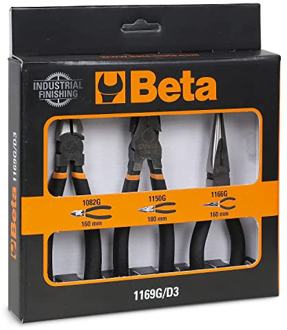 Beta 1169G/D3 - Assortimento di 1 pinza universale, 1 pinza becchi mezzotondi lunghi e 1 tronchese, con 2 strati di PVC antiscivolo con finitura industriale