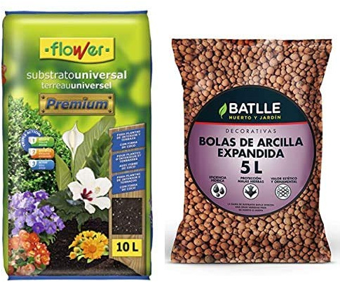 Flower Universal Premium Substrato, 10L, Marrón, 29x6x46 cm + Semillas Batlle Sustratos Bolas Arcilla Expandida 5l