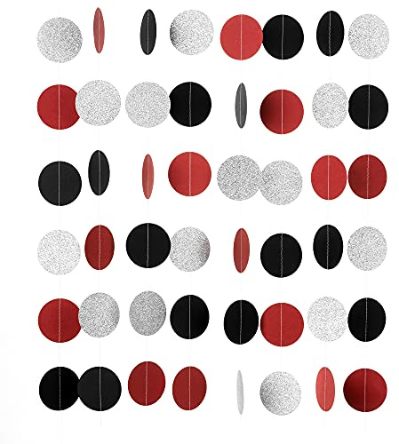 WEVEN Red Black Silver Glitter Paper Garland Circle Dot Streamer Party Banner Backdrop Hanging Decorations, 2.5 in Diameter, 20 Feet in Total