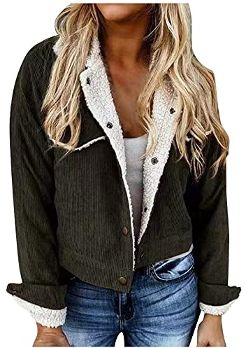 Vintage Plush Lined Long Sleeve Warm Cord Jacket with Sherpa Lining for Women - Autumn Winter, S - XXL, Army Green