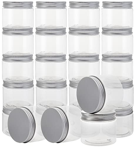 JOIKIT 24 Pack 250ml Clear Plastic Jars with Aluminum Lids, Wide Mouth Plastic Storage Jars Container with Lids for DIY Arts Crafts, Beads, Spices, Nuts