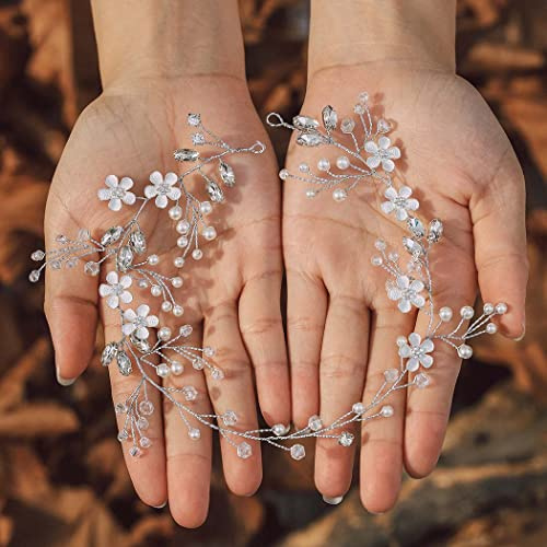 IYOU Braut Hochzeit Haar Rebe Strass Blume Silber Stirnband Kristall Kopfschmuck Braut Haarschmuck für Damen(Silber)