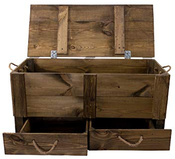 Kistenkolli Altes Land Baúl grande de madera con tapa y cajones,85 x 39 x 40 cm,para boda,cofre del tesoro,caja de juguetes,jardín,baúl de almacenamiento gran capacidad para pasillo,dormitorio,salón