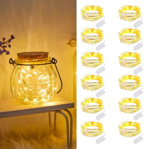 Dufuso 12 x 20er LED Lichterkette Batterie Dekoration für Weihnachten, Party, Mini led Lichterkette mit Batterie CR2032, 2M Warmweiß Kupfer Drahtlichterkette Wasserdichte