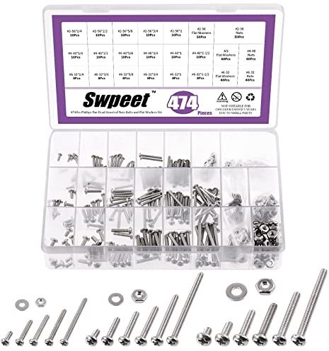 Swpeet 474 viti e dadi a testa piatta in acciaio inox SAE Phillips e dadi con rondelle piatte, assortimento di viti in acciaio inox per uso domestico