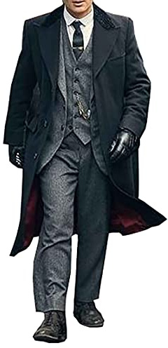 Men's Trench Thomas Shelby Black Wool Long Fashion Trench Coat (L)
