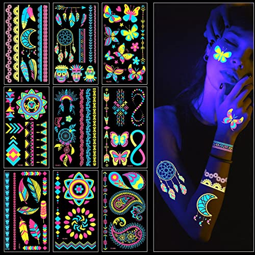 ACWOO Lot de 9 tatouages temporaires néon phosphorescents imperméables pour femmes et filles - Plus de 200 motifs