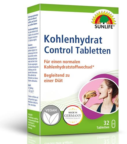 SUNLIFE Kohlenhydrat Control Tabletten - 1x32 Stück - hochwertige Stoffwechsel Tabletten mit Chrom/Kupfer & Zink - Nahrungsergänzung mit White Kidney Bean Extrakt - vegan/gluten- & laktosefrei