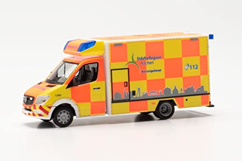 Herpa Modellauto Mercedes-Benz Sprinter '13 Fahrtec RTW Städteregion Aachen, originalgetreu im Maßstab 1:87, Auto Modell für Diorama, Modellbau, Sammlerstück, Made in Germany, Modell aus Kunststoff