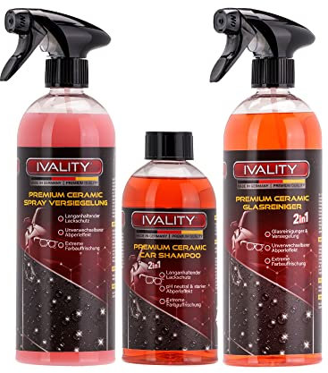 IVALITY Keramikversiegelung Auto 3-in-1 Set – Keramik Versiegelung, Glasreiniger mit Scheibenversiegelung & Ceramic Autoshampoo – Hydrophobes Auto-Pflegeset für Lacke, Felgen und Glas