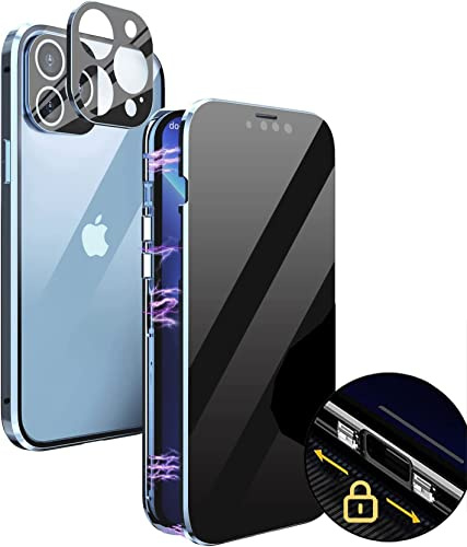 MIMGOAL Hülle für iPhone 12 Pro Max Anti Spy Magnetisch Blau | Sichtschutz Bis 25 Grad, Gehärtetes Glas Vorne Und Hinten, Magnetischer Metallrahmen, Integrierter Kameraschutz